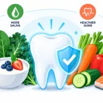 Healthy Foods Including Cheese, Yogurt, Leafy Greens, Vegetables, And Salmon Surrounding A Protected Tooth, Illustrating Nutrition For Stronger Enamel And Healthier Gums.
