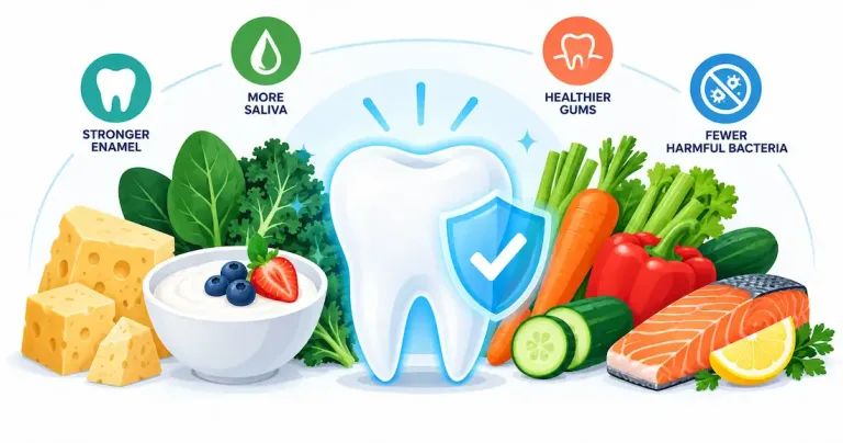 Healthy Foods Including Cheese, Yogurt, Leafy Greens, Vegetables, And Salmon Surrounding A Protected Tooth, Illustrating Nutrition For Stronger Enamel And Healthier Gums.
