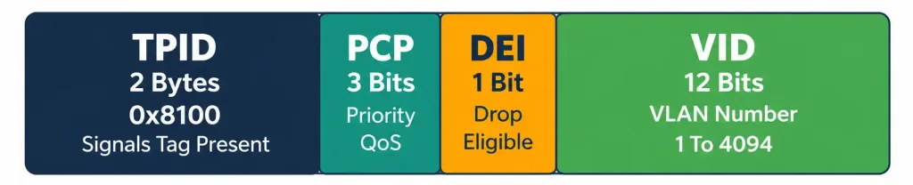 Configuring And Verifying Interswitch Connectivity: Trunking 2 Diagram Breaking Down The 4-Byte 802.1Q Tag Into Its Tpid, Pcp, Dei, And Vlan Id Fields