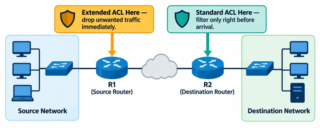 Configure And Verify Access Control Lists (Acls) 4 Diagram Showing Extended Acls Placed Near The Source And Standard Acls Placed Near The Destination