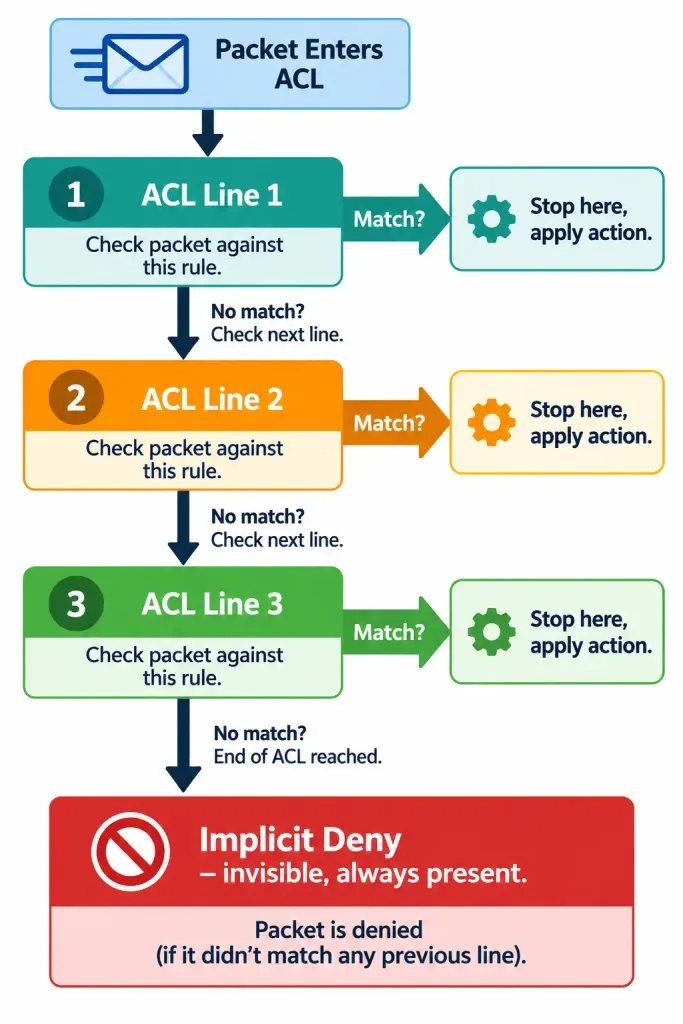 Configure And Verify Access Control Lists (Acls) 3 Flowchart Showing Acl Lines Evaluated Top-Down With First-Match Behavior And An Invisible Implicit Deny At The End