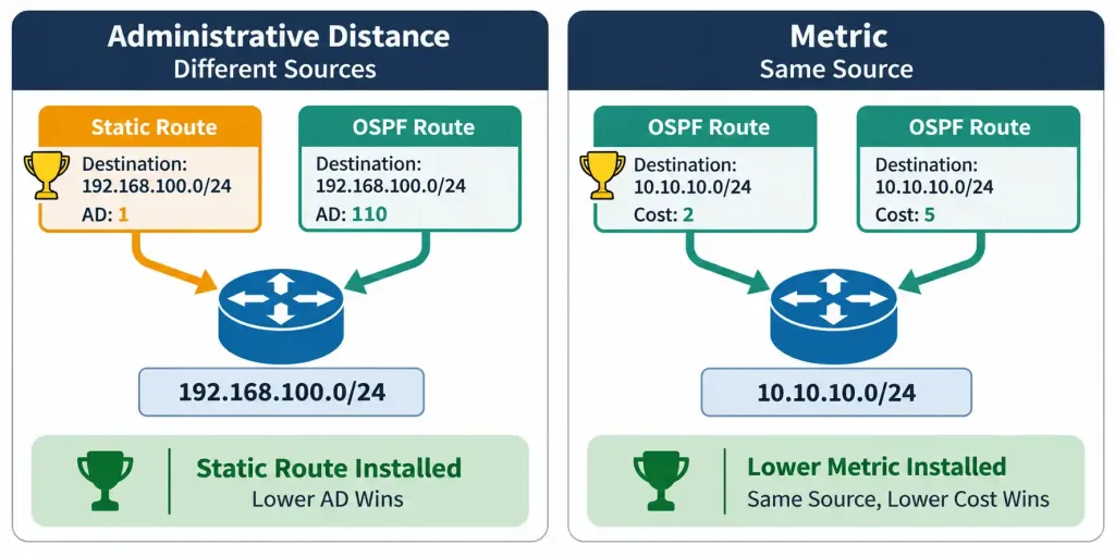 Interpreting The Components Of A Routing Table 6 Side-By-Side Comparison Showing Administrative Distance Choosing Between Different Sources Versus Metric Choosing Between Paths From The Same Source