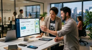 Ai Modules For Telegram: How Automation Tools Help Businesses Grow 2 Two Colleagues Reviewing A Telegram Ai Automation Dashboard On A Desktop Monitor In A Modern Office, Showing Modules For Faq Bots, Crm Sync, Lead Scoring, And Scheduled Broadcasts