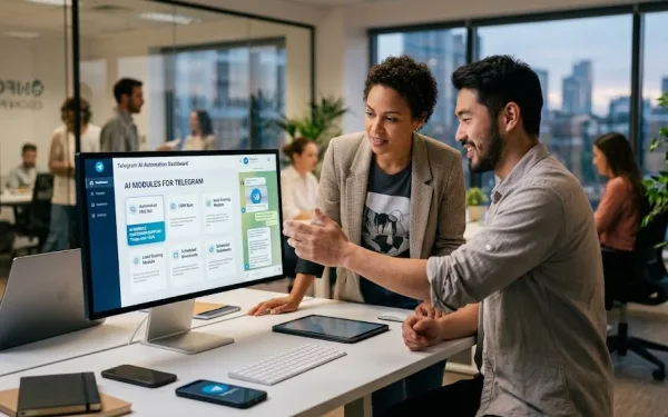 Two Colleagues Reviewing A Telegram Ai Automation Dashboard On A Desktop Monitor In A Modern Office, Showing Modules For Faq Bots, Crm Sync, Lead Scoring, And Scheduled Broadcasts