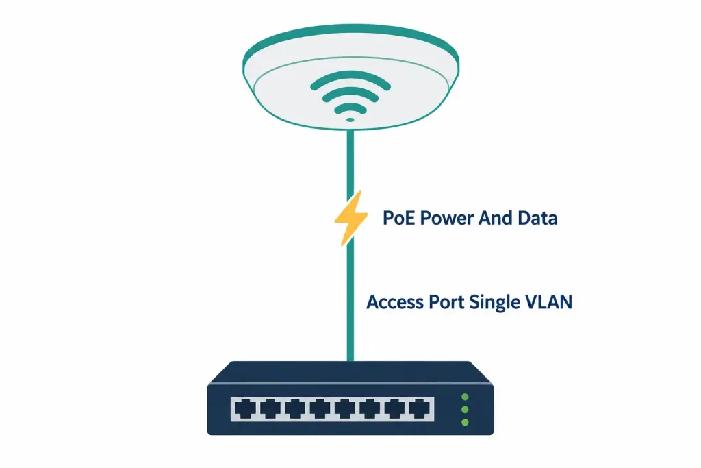 Physical Infrastructure Connections Of Wlan Components 2 Diagram Showing A Ceiling-Mounted Access Point Connected To A Switch Via A Single Access Port Delivering Both Power And Data Through Poe