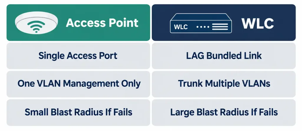 Physical Infrastructure Connections Of Wlan Components 7 Comparison Table Showing Access Point And Wlc Connection Requirements Across Port Type, Vlan Handling, And Failure Impact