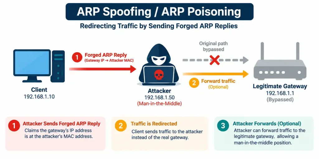 Lesson 4.2.1 — Network-Based Attacks: Dos, Vlan Hopping, Mac Flooding, Arp/Dns Poisoning &Amp; On-Path Attacks 4 Diagram Showing A Client'S Traffic Redirected Through An Attacker Via A Forged Arp Reply Instead Of Reaching The Legitimate Gateway Directly