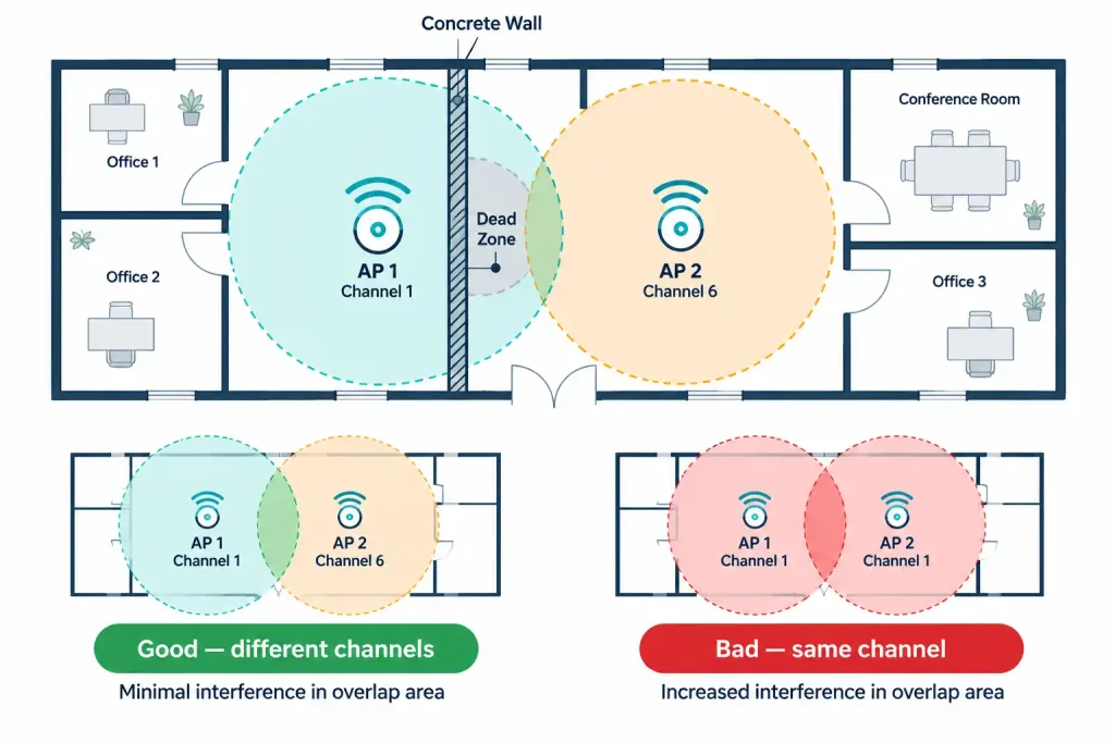 Lesson 2.3.4 — Antennas &Amp; Access Point Deployment 3 Diagram Showing A Concrete Wall Creating A Dead Zone And Two Access Points With Good Versus Problematic Channel Overlap