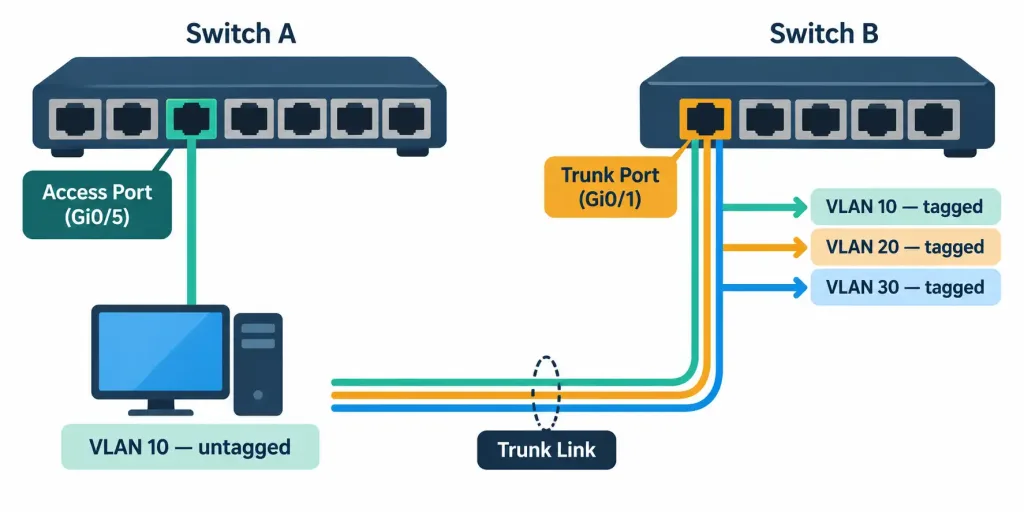 Lesson 2.2.1 — Vlans, Vlan Database &Amp; Svis 3 Diagram Comparing An Access Port Carrying One Untagged Vlan Against A Trunk Port Carrying Multiple Tagged Vlans