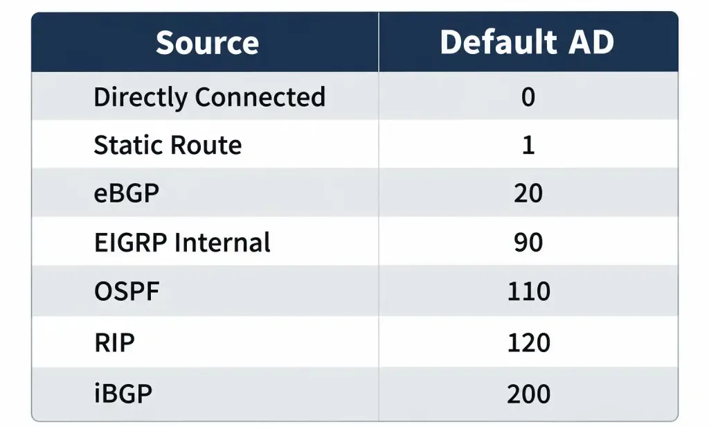 Interpreting The Components Of A Routing Table 4 Reference Table Listing Default Administrative Distance Values For Connected Routes, Static Routes, Ebgp, Eigrp, Ospf, Rip, And Ibgp