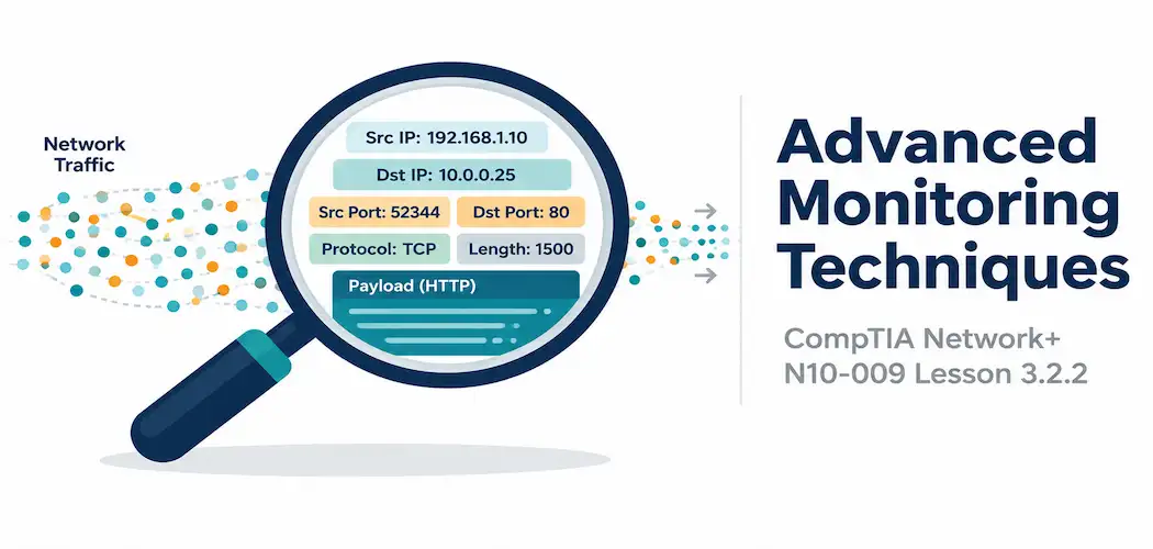 Lesson 3.2.2 — Advanced Monitoring: Flow Data, Packet Capture, Span &Amp; Network Discovery 1 Illustration Of A Magnifying Glass Showing Zoomed-In Detail On Part Of A Flowing Stream Of Data Particles