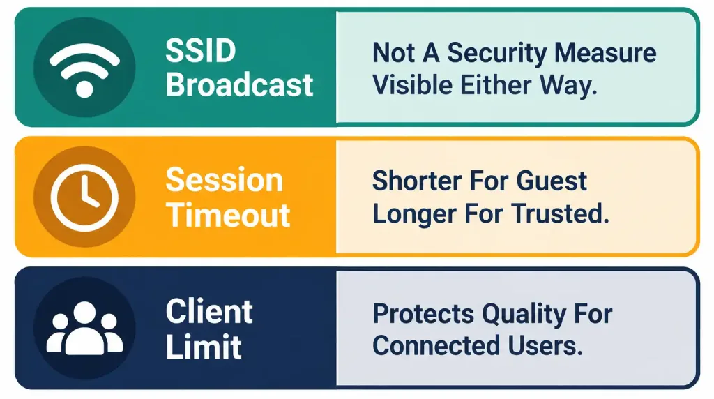 Configuring Wlan Components For Client Connectivity (Gui) 5 Infographic Summarizing Three Advanced Wlan Settings: Ssid Broadcast, Session Timeout, And Maximum Client Limit