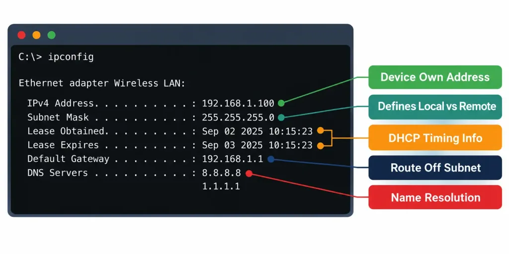 Verifying Ip Parameters For A Client Os: Windows, Linux, And Macos 3 Annotated Ipconfig Output Verifying Ip Parameters For A Client Os: Windows, Linux, And Macos