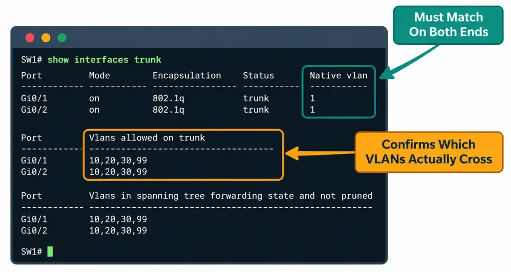 Configuring And Verifying Interswitch Connectivity: Trunking 7 Annotated Diagram Of Cisco Ios Show Interfaces Trunk Output, Labeling The Native Vlan And Allowed Vlan Fields