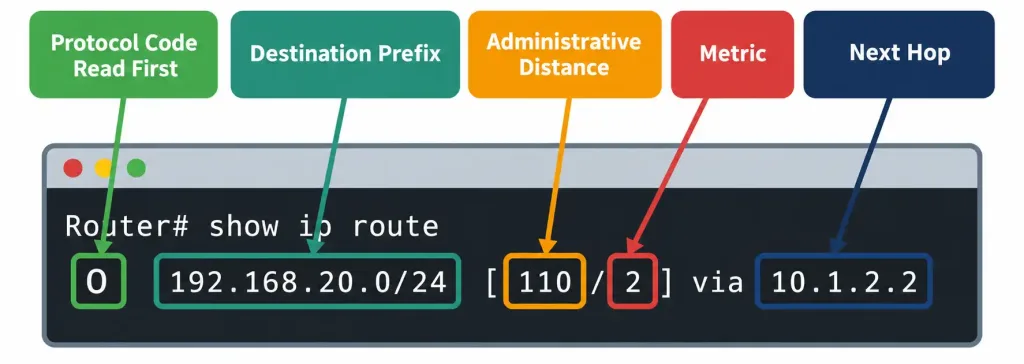 Interpreting The Components Of A Routing Table 3 Annotated Diagram Of A Single Show Ip Route Line, Labeling The Protocol Code, Prefix, Administrative Distance, Metric, And Next Hop