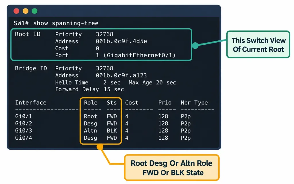 Interpreting Basic Operations Of Rapid Pvst+ Spanning Tree Protocol 7 Annotated Diagram Of Cisco Ios Show Spanning-Tree Output, Labeling The Root Id Section And The Interface Role And Status Columns