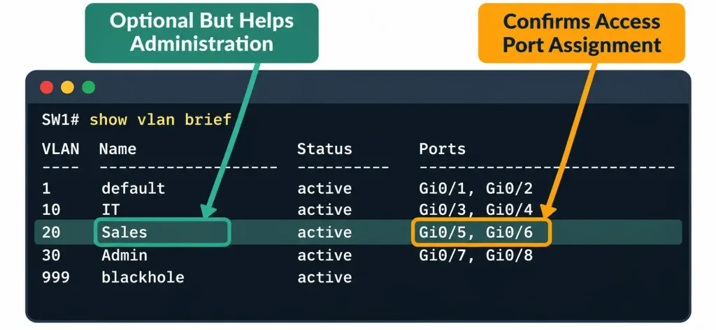Configuring And Verifying Vlans Spanning Multiple Switches 7 Annotated Diagram Of Cisco Ios Show Vlan Brief Output, Labeling The Vlan, Name, Status, And Ports Fields