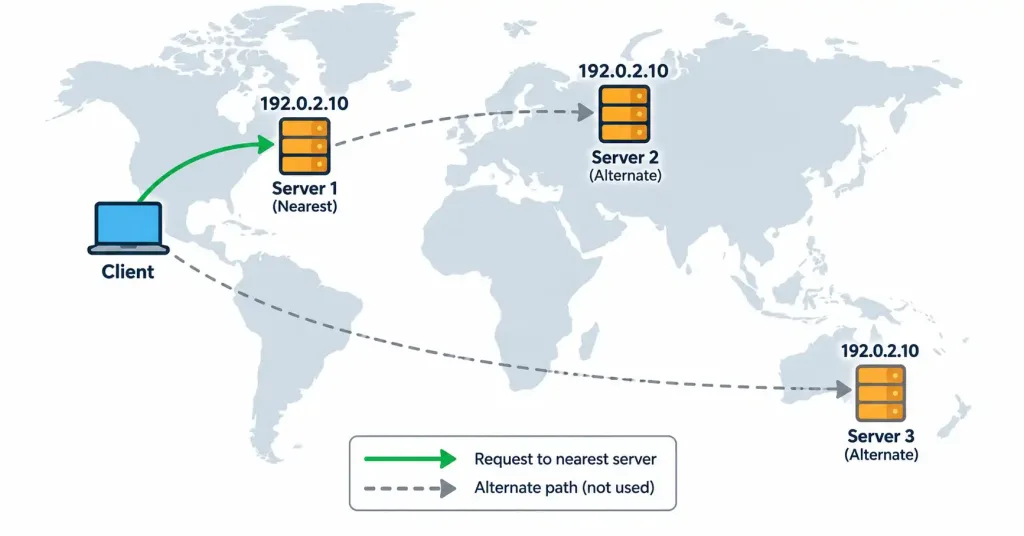 Lesson 1.4.3 — Traffic Types: Unicast, Multicast, Anycast, Broadcast 4 Diagram Showing Anycast Routing A Request To The Nearest Of Several Identical Servers