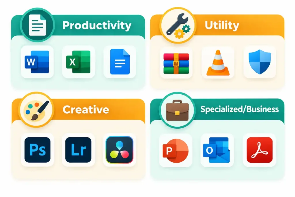 Lesson 3.3: The Purpose And Proper Use Of Software 3 Grid Showing Productivity, Utility, Creative, And Specialized Software Categories With Example Icons