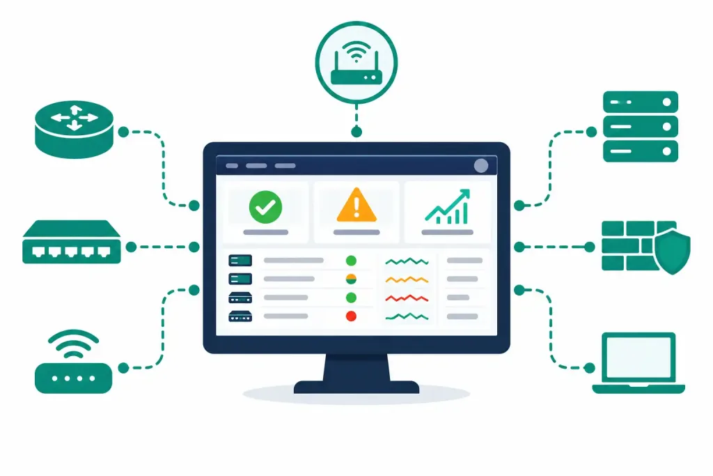 Compare Traditional Campus Device Management With Cisco Dna Center–Enabled Device Management 4 Diagram Showing A Single Dashboard Aggregating Health Data And Trends From Many Network Devices Simultaneously