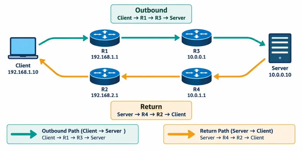 Lesson 5.3.1 — Troubleshooting Routing &Amp; Gateway Issues 4 Diagram Showing Outbound And Return Traffic Between A Client And Server Taking Different Router Paths In Each Direction