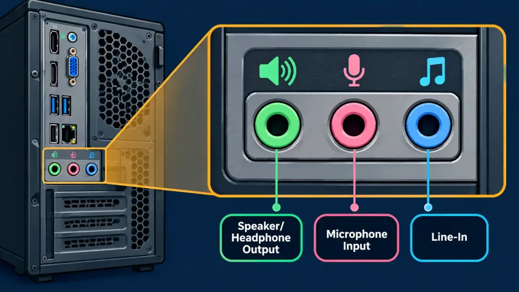 Lesson 2.5.1: Networking And Peripheral Connectors 5 Diagram Of Color-Coded 3.5Mm Audio Jacks For Speakers, Microphone, And Line-In