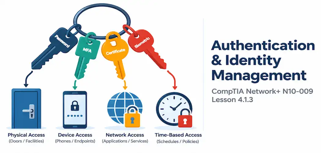 Lesson 4.1.3 — Authentication, Authorization &Amp; Identity Management 1 Illustration Of A Keyring With Several Different Keys Hovering Near Different Labeled Locks