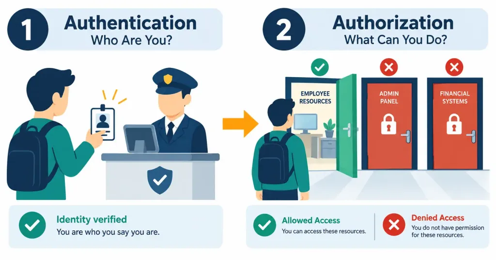 Lesson 4.1.3 — Authentication, Authorization &Amp; Identity Management 2 Diagram Showing Authentication Verifying Identity Followed By Authorization Determining Access To Specific Doors Or Resources