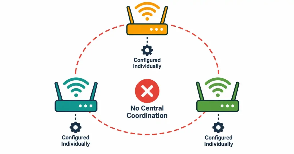 Cisco Wireless Architectures And Ap Modes: Autonomous, Lightweight, And Mesh 2 Diagram Showing Three Independent Access Points, Each Individually Configured With No Central Controller Coordinating Them
