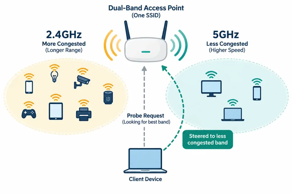 Lesson 2.3.1 — Wireless Frequency Bands, Channels &Amp; Band Steering 4 Diagram Showing An Access Point Steering A Capable Client From A Crowded 2.4Ghz Band To A Less Congested 5Ghz Band