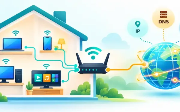 Illustration Of A Home Network Connecting To The Internet With Ip Addressing, Dns, And Dhcp Concepts Represented