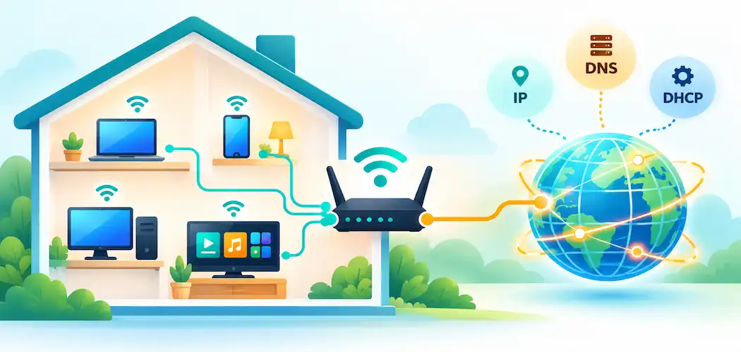 Lesson 2.8: Basic Networking Concepts 1 Illustration Of A Home Network Connecting To The Internet With Ip Addressing, Dns, And Dhcp Concepts Represented