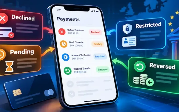 Smartphone Displaying Four Payment Statuses—Declined, Pending, Restricted And Reversed—On An Eu Fintech Banking Interface