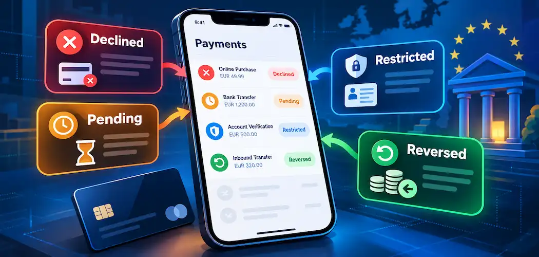 Why Blackcat May Restrict A Transaction Or Account 1 Smartphone Displaying Four Payment Statuses—Declined, Pending, Restricted And Reversed—On An Eu Fintech Banking Interface