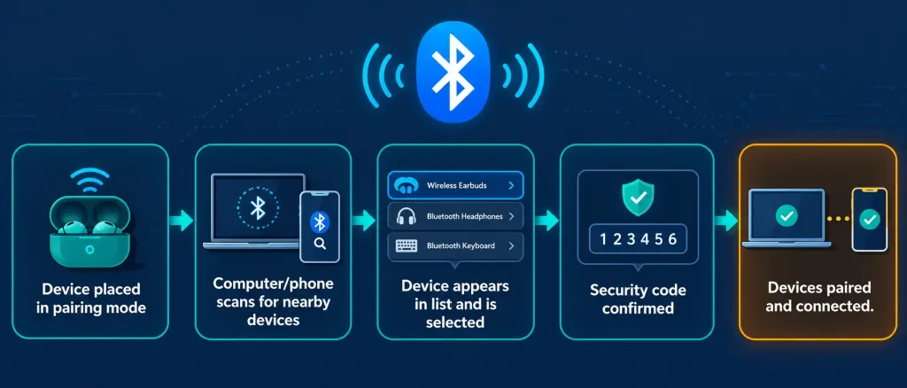 Lesson 2.4: Installing And Configuring Peripheral Devices 4 Flowchart Showing The Bluetooth Pairing Process From Discoverable Mode To A Connected Device