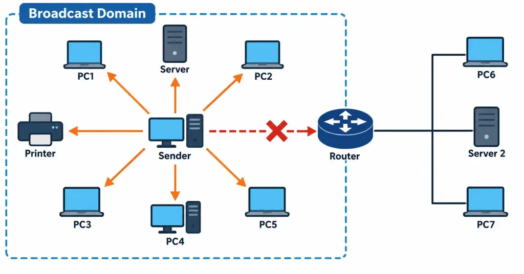 Lesson 1.4.3 — Traffic Types: Unicast, Multicast, Anycast, Broadcast 2 Diagram Showing Broadcast Traffic Reaching Every Device Within A Single Broadcast Domain
