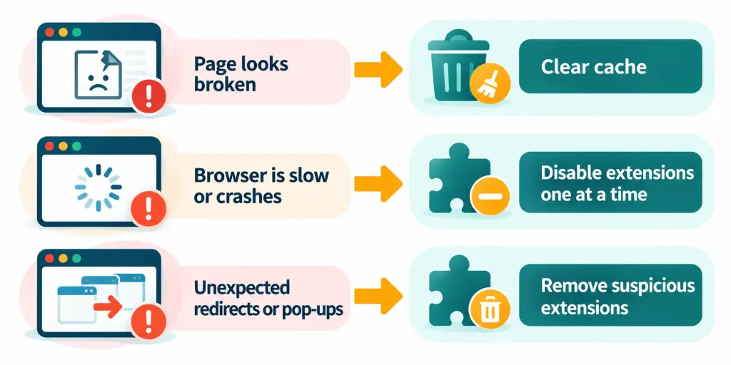 Lesson 3.4: Configuring And Using Web Browser Features 6 Flowchart Showing Troubleshooting Steps For A Broken Page, A Slow Browser, And Unexpected Pop-Ups
