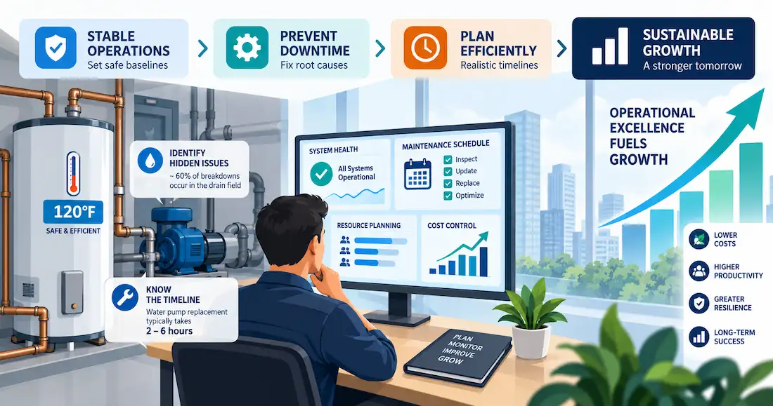 Modern Business Optimization: Aligning Operations With Long-Term Growth 1 Illustration Showing Stable Operations, Preventive Maintenance, Efficient Planning, And Sustainable Business Growth.