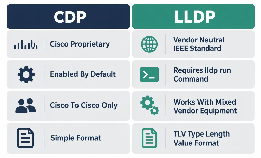 Configuring And Verifying Layer 2 Discovery Protocols: Cdp And Lldp 3 Comparison Of Cdp And Lldp Across Proprietary Status, Default State, Vendor Compatibility, And Data Format