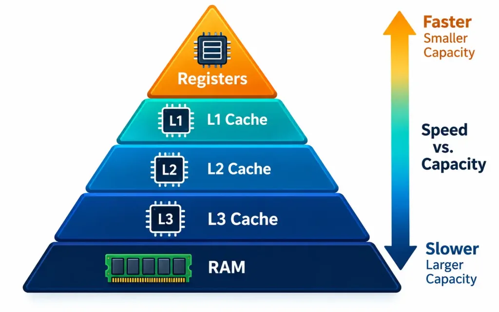 Lesson 2.2: Internal Computing Components 4 Pyramid Diagram Of Cpu Cache Hierarchy From Registers To Ram