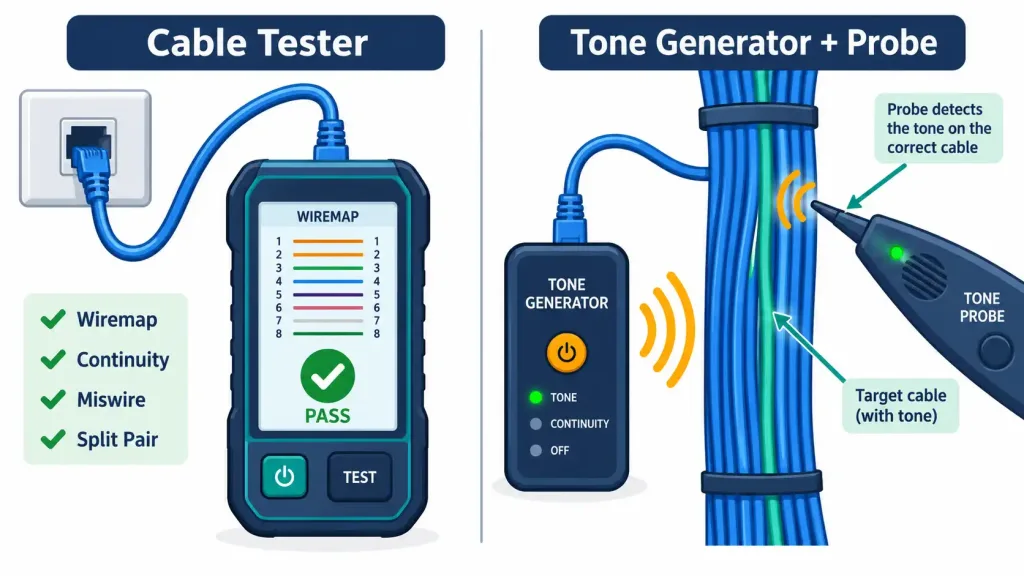 Lesson 5.5.2 — Hardware Troubleshooting Tools 2 Diagram Comparing A Cable Tester Verifying Wiring Correctness Against A Tone Generator And Probe Physically Tracing A Specific Cable In A Bundle