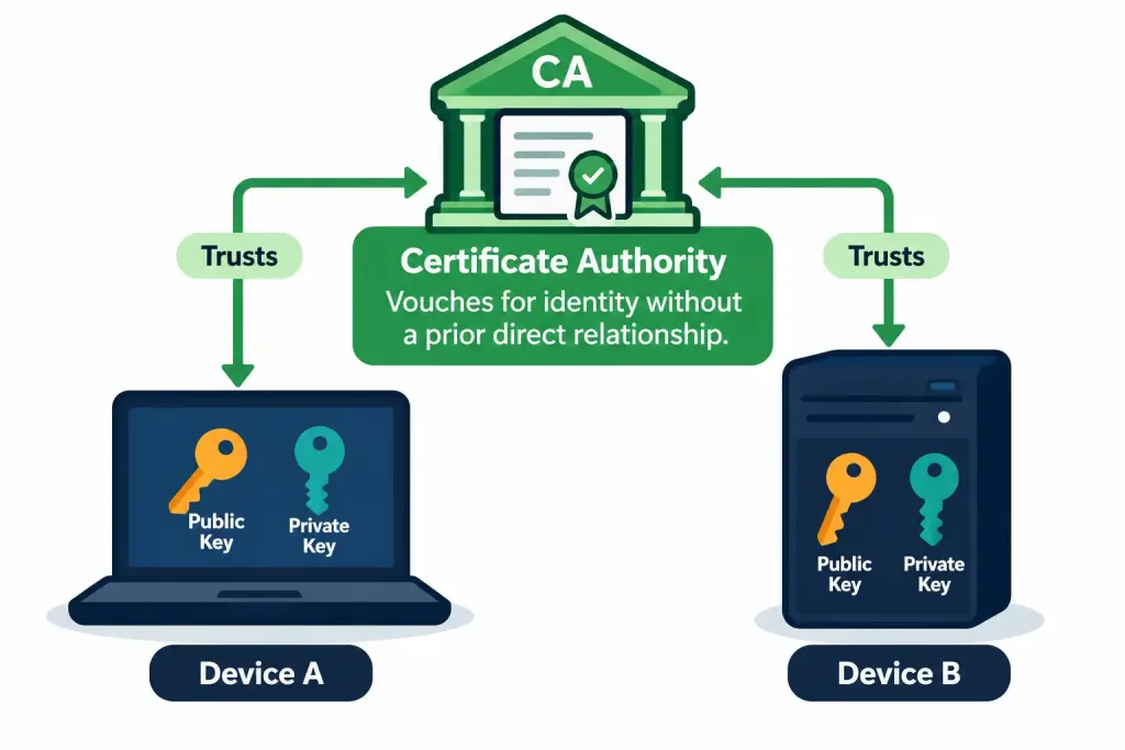 Describe Security Password Policy Elements 4 Diagram Showing Two Devices Trusting Each Other'S Identity Through A Shared Certificate Authority