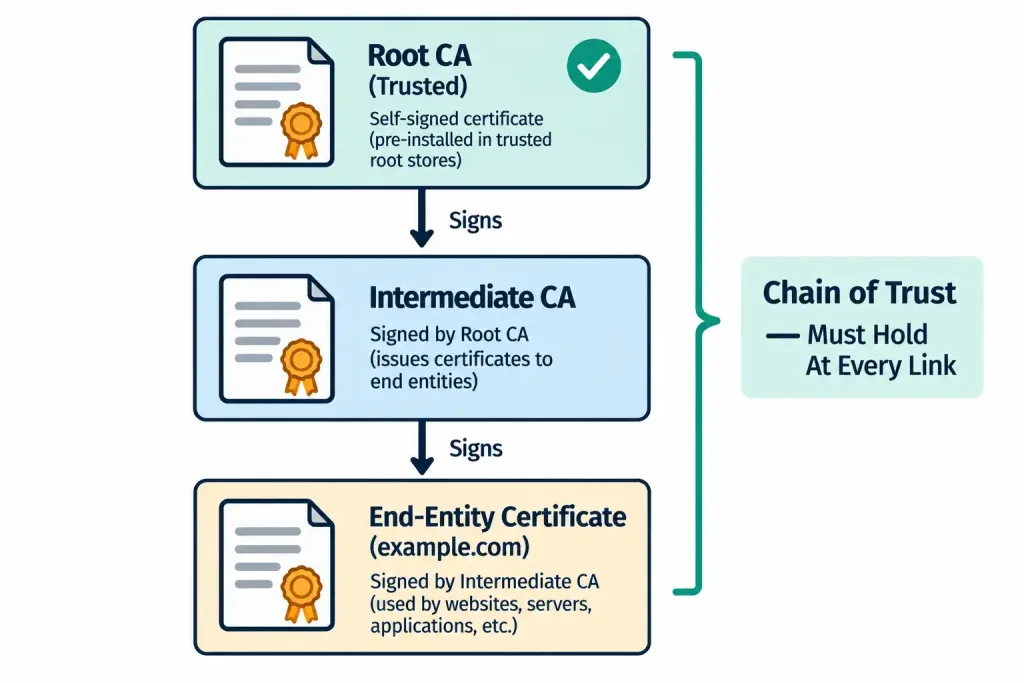 Lesson 4.1.2 — Certificates &Amp; Pki 3 Hierarchy Diagram Showing A Root Ca, An Intermediate Ca, And An End-Entity Certificate Connected In A Chain Of Trust