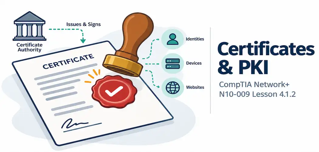 Lesson 4.1.2 — Certificates &Amp; Pki 1 Illustration Of A Wax-Seal Stamp Leaving A Glowing Verified Checkmark On A Document