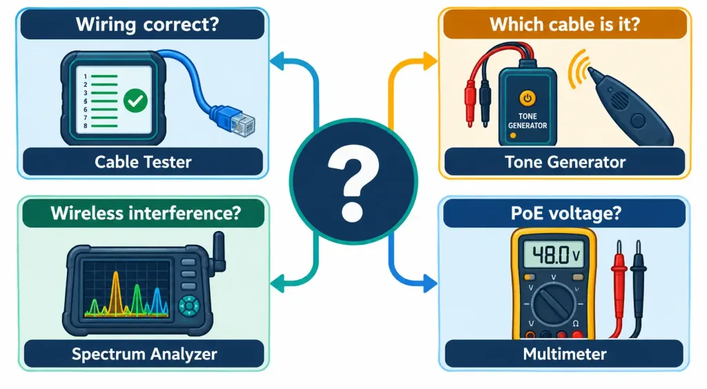 Lesson 5.5.2 — Hardware Troubleshooting Tools 4 Diagram Mapping Common Diagnostic Questions To The Correct Hardware Tool, Including Cable Tester, Tone Generator, Spectrum Analyzer, And Multimeter