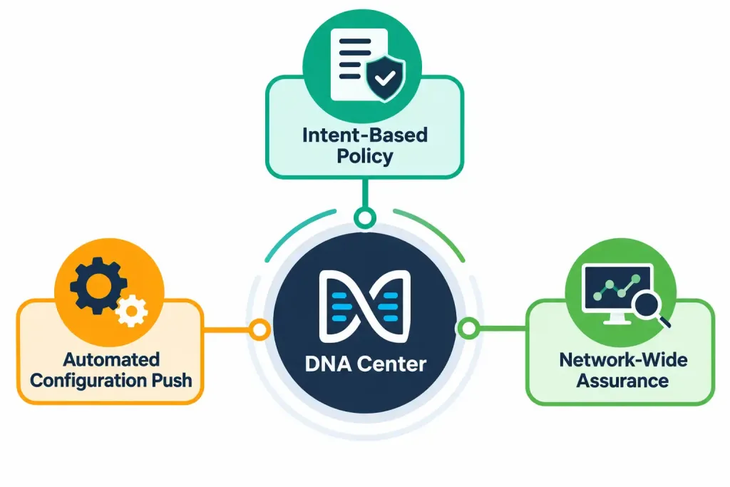 Compare Traditional Campus Device Management With Cisco Dna Center–Enabled Device Management 3 Diagram Showing Cisco Dna Center'S Three Core Capabilities: Intent-Based Policy, Automated Configuration, And Assurance