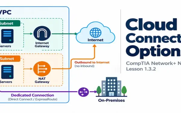 Illustration Of Cloud Connectivity Options Alongside The Network+ N10-009 Lesson 1.3.2 Title Card