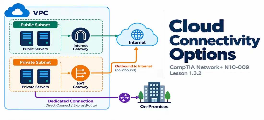 Lesson 1.3.2 — Cloud Connectivity Options 1 Illustration Of Cloud Connectivity Options Alongside The Network+ N10-009 Lesson 1.3.2 Title Card