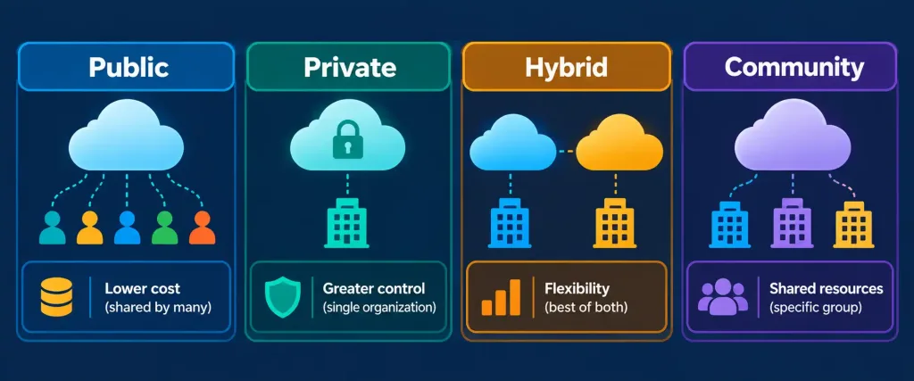 Lesson 2.6: Virtualization And Cloud Technologies 6 Four-Panel Graphic Comparing Public, Private, Hybrid, And Community Cloud Deployment Models