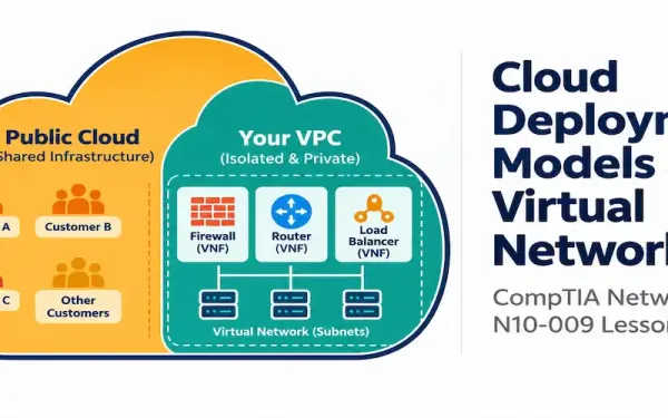Illustration Of Cloud Deployment Models And Virtual Networking Alongside The Network+ N10-009 Lesson 1.3.1 Title Card